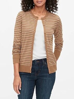Gap brown white striped cardigan sweater 100% cotton small downtown fall